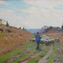 4 Mabel May Woodward (1877 – 1945), <i>Sheep Down the Path</i>, Oil on Board, 10" x 13"