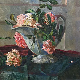 44. Florence Leif (1913 – 1968), <i>Zinnias in Gravy Boat</i>, Oil on Canvas, 8" x 10"