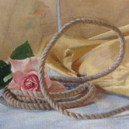 Florence Leif (1913 – 1968), Tabletop Still Life with Bridal Bouquet & Rope, 1946, oil on canvas 16” x 20”
