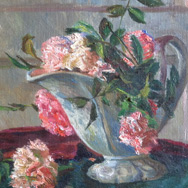 Florence Leif (1913 – 1968), Zinnias in Gravy Boat, oil on canvas 8” x 10”