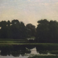 Edward Bannister (1828 – 1901), Landscape with Lily Pond and Bridge , Oil on Canvas 20” x 30”