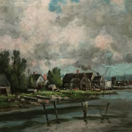 Arthur Douglas (1860 – 1949), Along the River - Wickford RI, Main Street before the 1938 Hurricane, Oil on Canvas 16” x 20”