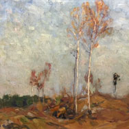 Hope Smith, unsigned front, pencil signed on stretcher (1879 – 1965), Birch in Landscape, oil on canvas 26” x 24”