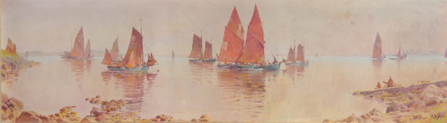 Ships in Harbor, Oil on Canvas 18” x 64”