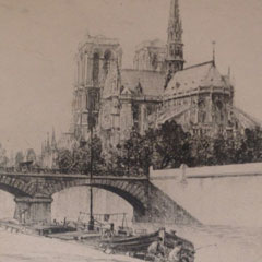 Illegible signature, Etching 6.5" x 9.5" Paris, Notre Dame, $50.