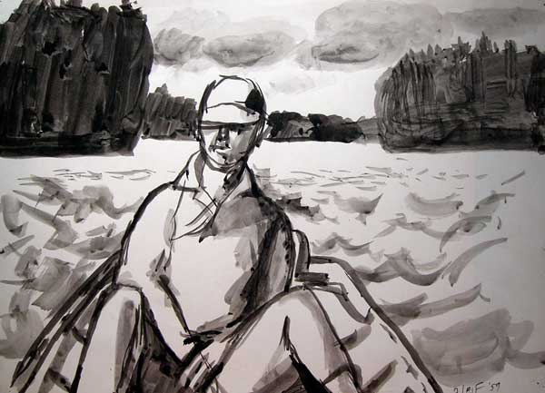 Boating on the Lake, Ink Drawing,  11" x 15"