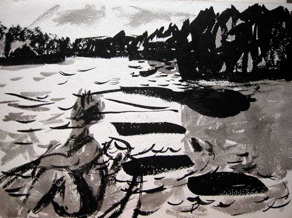 Sunning by the Water, Ink Drawing,  8 3/4" x 12 1/2""