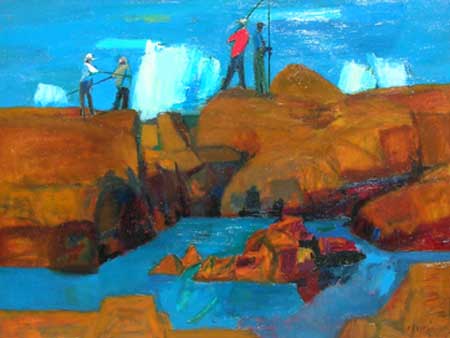 Fishing on the Rocks, Oil on Canvas,  30" x 40"