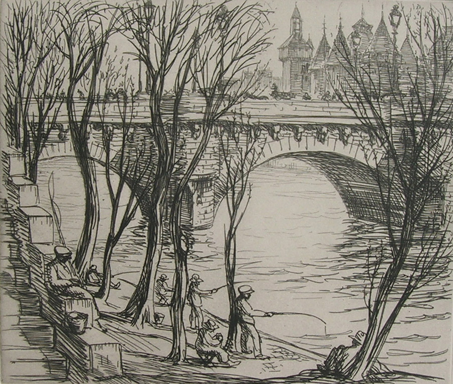 21. LESTER HORNBY (1882 - 1956), Paris Bridge, Etching 7" x 8" Matted $175.