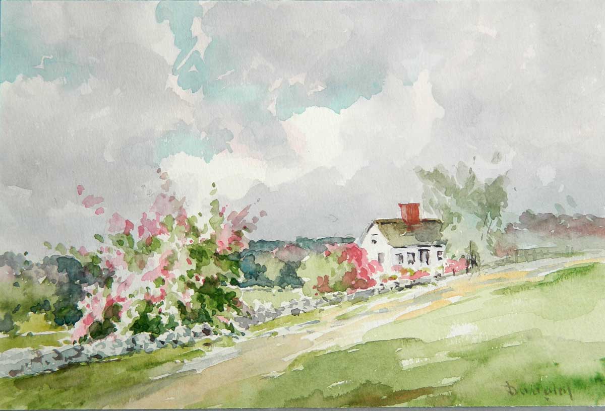 22. ARTHUR DOUGLAS (1860 - 1949) “Farm House and Rhododendrons”, Watercolor 6” x 9”