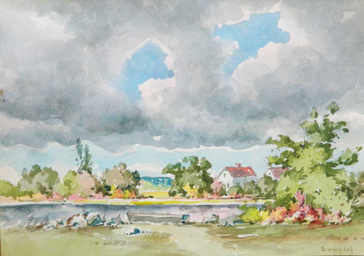 3. ARTHUR DOUGLAS (1860 - 1949) “Across the Pond”, Watercolor 9.5” x 13.5”