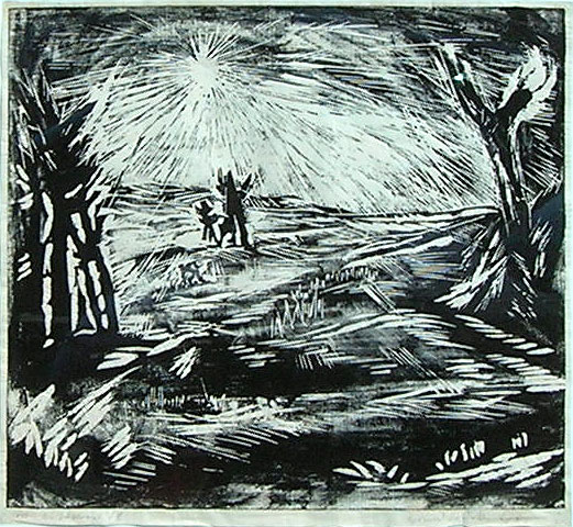 1A - "Landscape with Bright Sun", 1918 Woodcut 12" x 13.24"