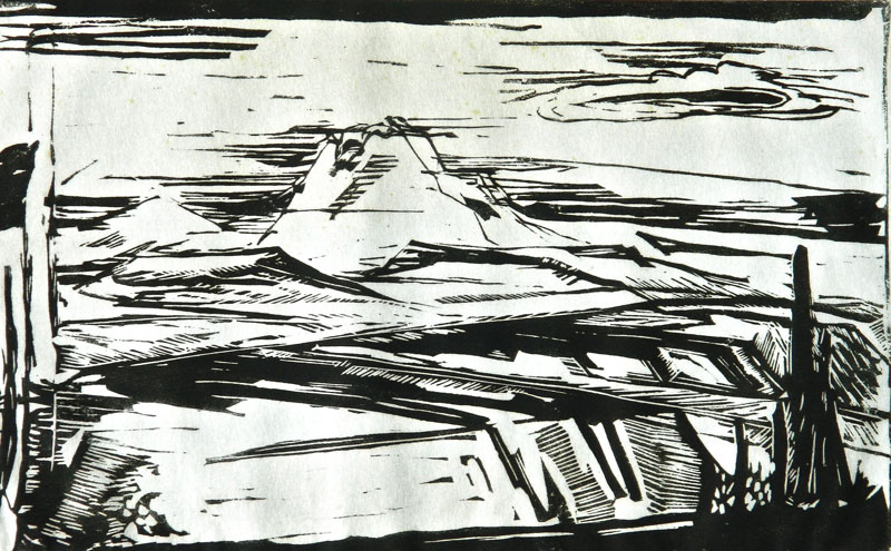 1D - "Western Landscape", 1940 Woodcut 9" x 14"