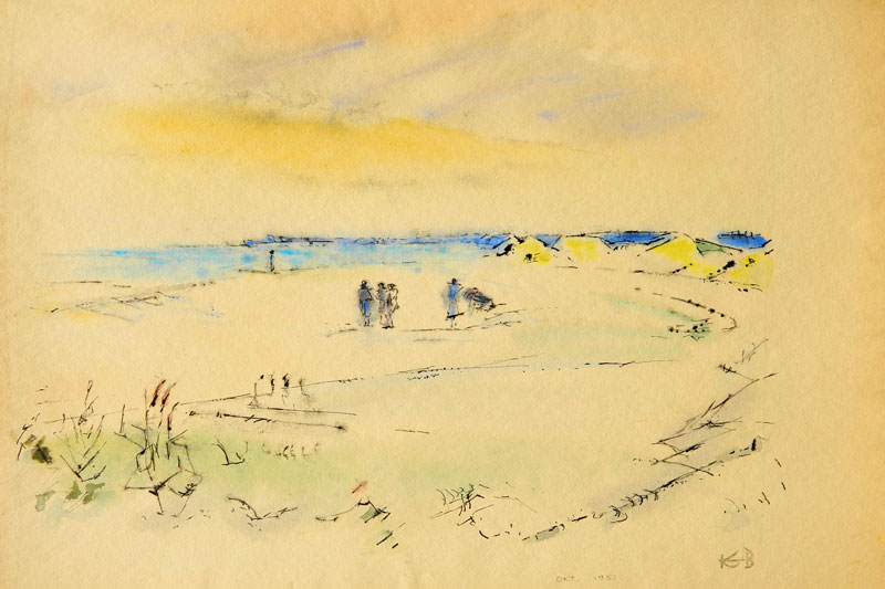 1E -   "Beach Scene with Figures", 1951 Watercolor and Ink 12" x 17.75"