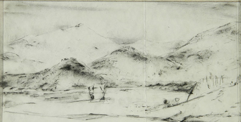 1F - "Landscape with Hills in Charcoal",	c. 1950s Charcoal on Paper	7.5" x 14"