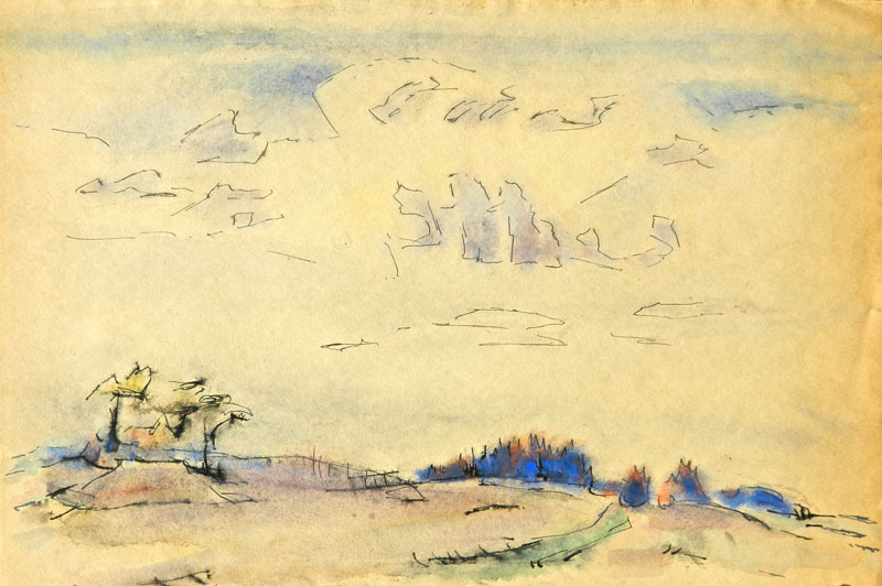 1G - "Landscape with Clouds", 1951 Watercolor and Ink on Paper 12" x 17.75"