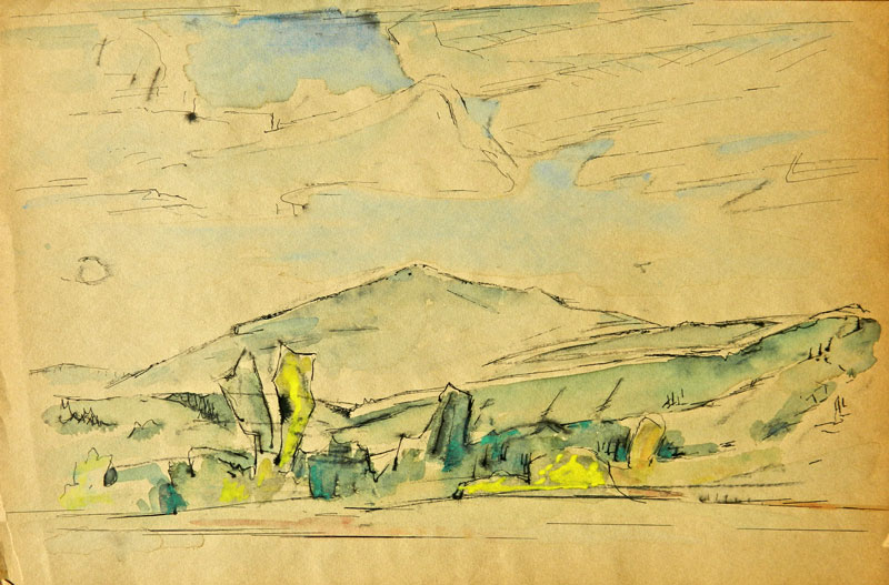 1H - "Landscape with Hill",	1951	Watercolor and Ink on Canvas 12" x 17.75"