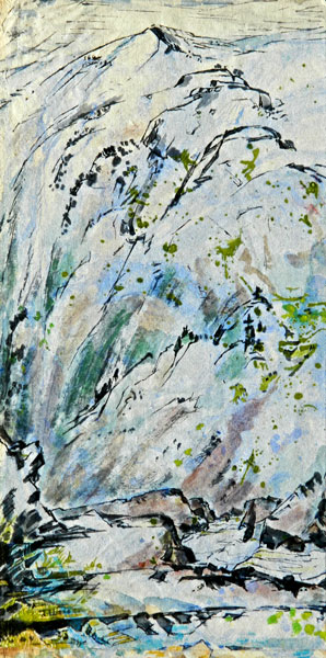 1J -  "Blue Cliffside",	ca. 1950 Watercolor and Ink on Thin Paper	16" x 8"