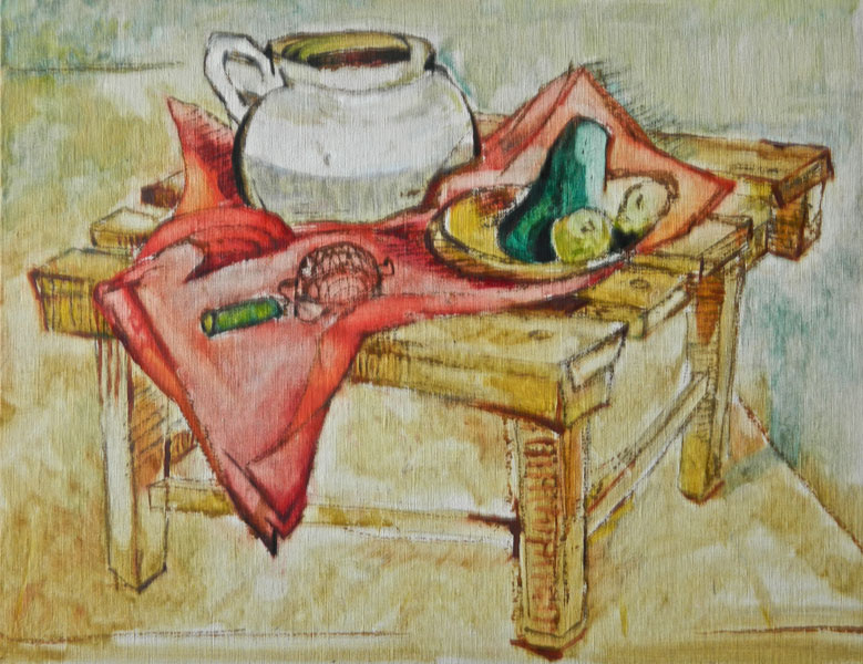 2L -  "Still Life with Pitcher and Sieve", ca.1957 Paint Wash on Board 14" x 18"