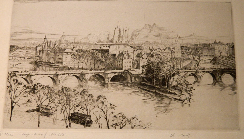 HENRI WILFRID DEVILLE (1871-1932), "Le pont neuf e la cite," Etching 12" x 7.5" Dated 1929. Noted 2nd etat. Not matted. $275