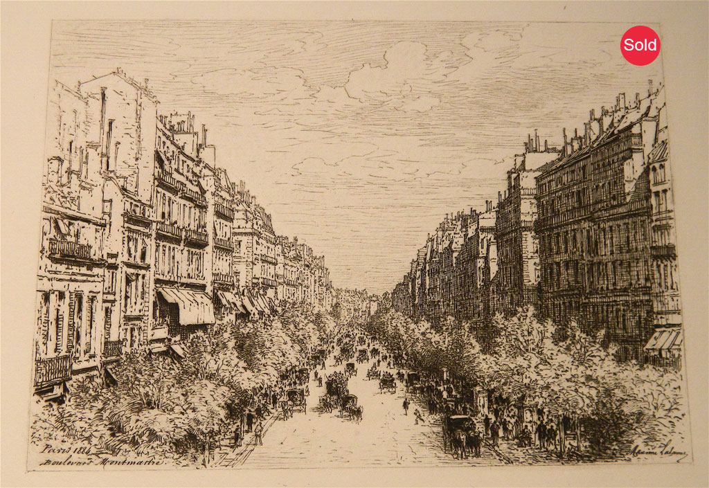 MAXIME LALANNE (1827-1886), "Boulevard Montmartre," Etching 10" x 8" Dated Paris 1886. Not matted. $75