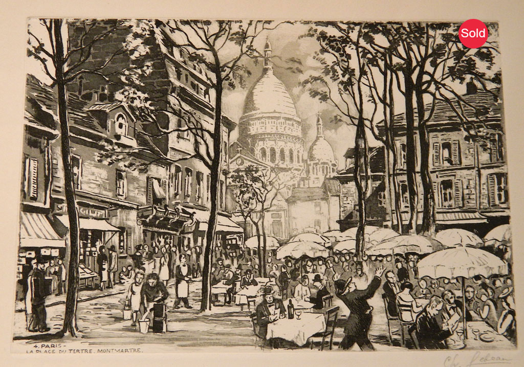 ILLEGIBLE SIGNATURE. "4. Paris - La Place du Tertre. Montmartre." Etching 8.5" x 6" Not matted. $20