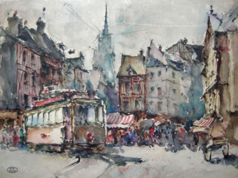 C. G. ROMANO. "Paris Trolley." Watercolor 23 1/4" x 19 1/2" Framed. Sized to frame. $150