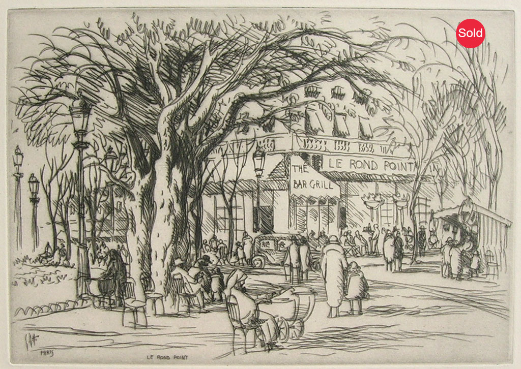 LESTER HORNBY (1882-1956), Le Rond Point, Paris. Etching 7" x 8" Matted. $175