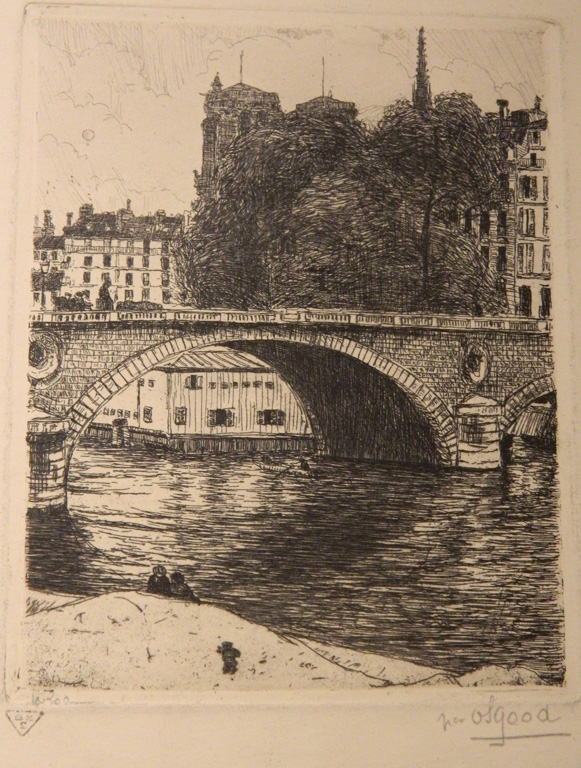 OSGOOD, Paris derriere Marie (Or: the Notre Dame behind the Bridge, Paris), Etching 5" x 6.25" Not matted. $40