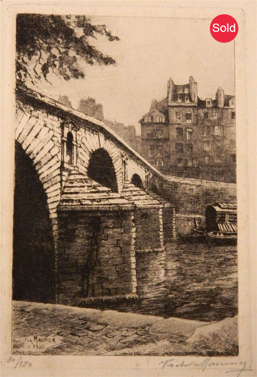 VICTOR MAUNIER, Paris Bridge, Etching 4" x 6" Dated 1930. Not matted. $20