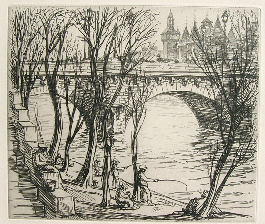 LESTER HORNBY (1882-1956), Paris Bridge, Etching 7" x 8" Matted. $175